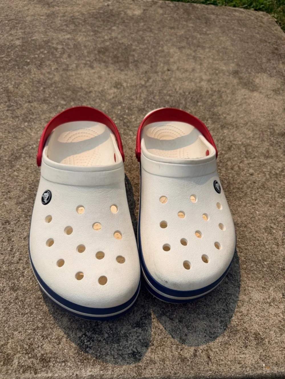 CROCS' White Clog with Red Strap and Blue Trim men’s 10 women’s 12